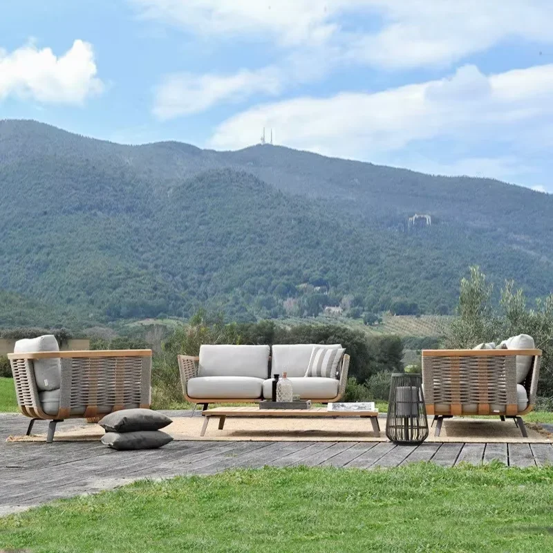 Nordic Garden Outdoor Rattan Sofa Courtyard Terrace Leisure Teak Waterproof Sunscreen Terrace Sofa 5-piece Sofa Furniture