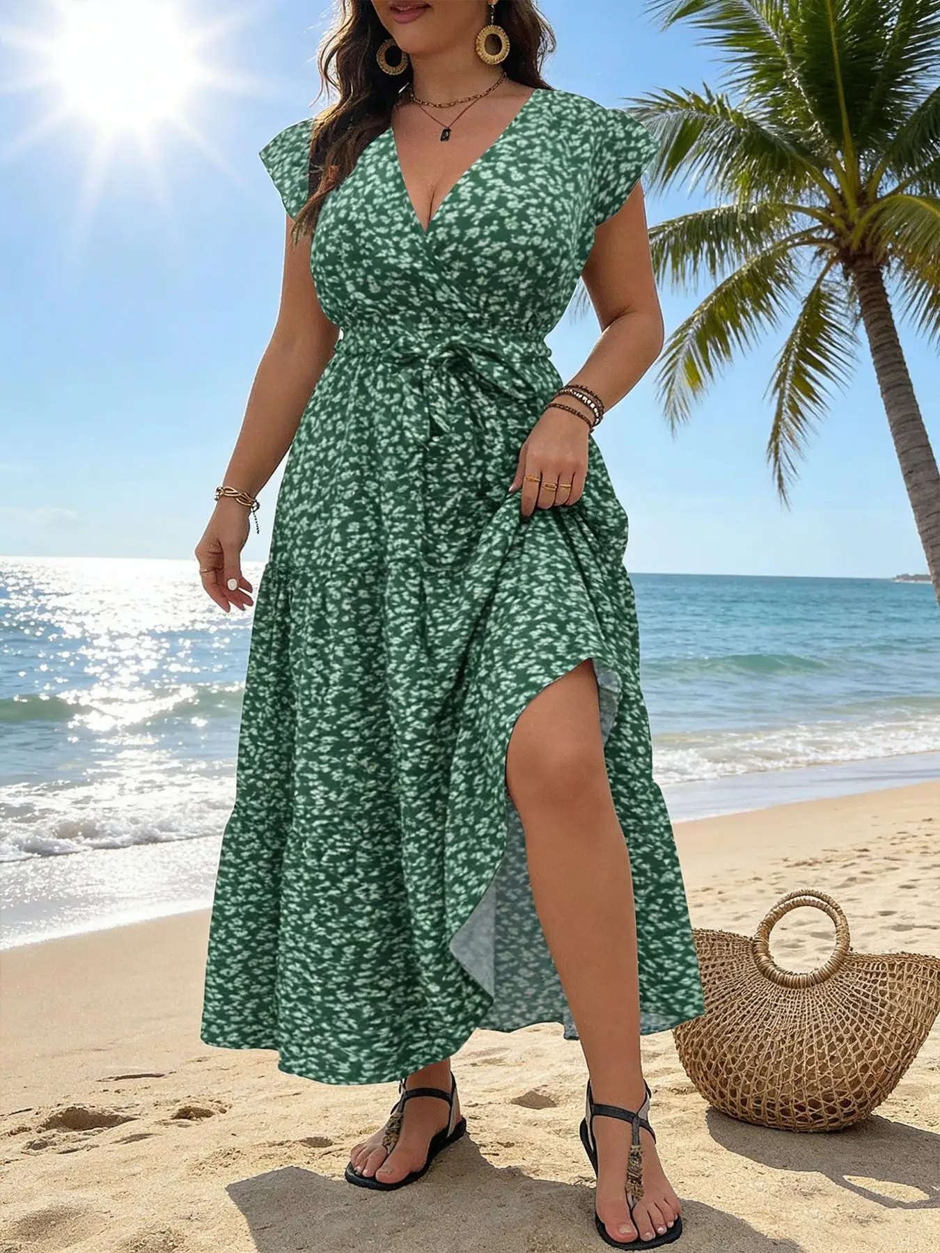 

Plus Size Floral Print V Neck Dress, Casual Fashion Dress for Daily Outdoor Wear, Women Plus Clothing for All Seasons