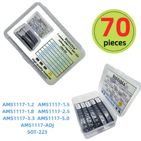 70 Uds Kit regulador de voltaje AMS1117 SOT-223 AMS1117-3.3V AMS1117-ADJ AMS1117-5.0V AMS1117-2.5V AMS1117-1.8V AMS1117-1.5V 1,2 V-5V