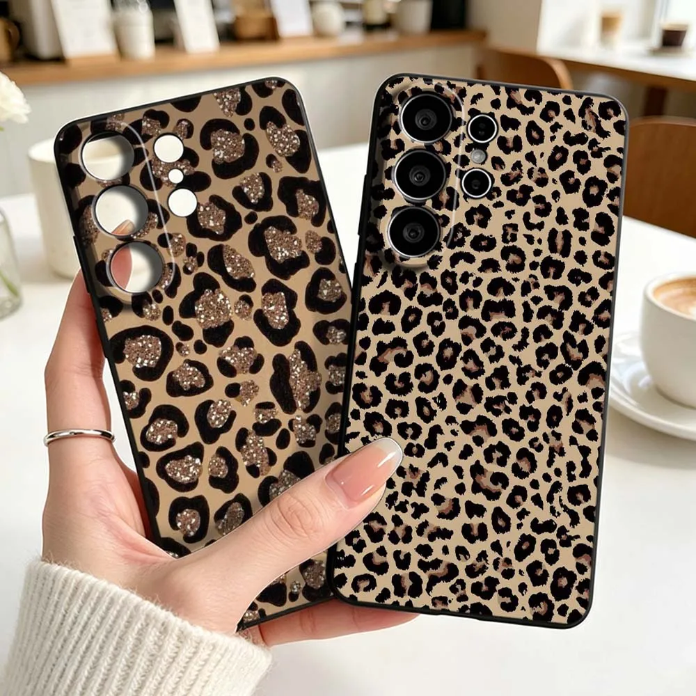 Trendy Luxury Leopard Print Phone Case For Samsung Galaxy S26 S25 S24 S23 S22 S21 S20 Pro Ultra Plus FE Black Silicone Cover