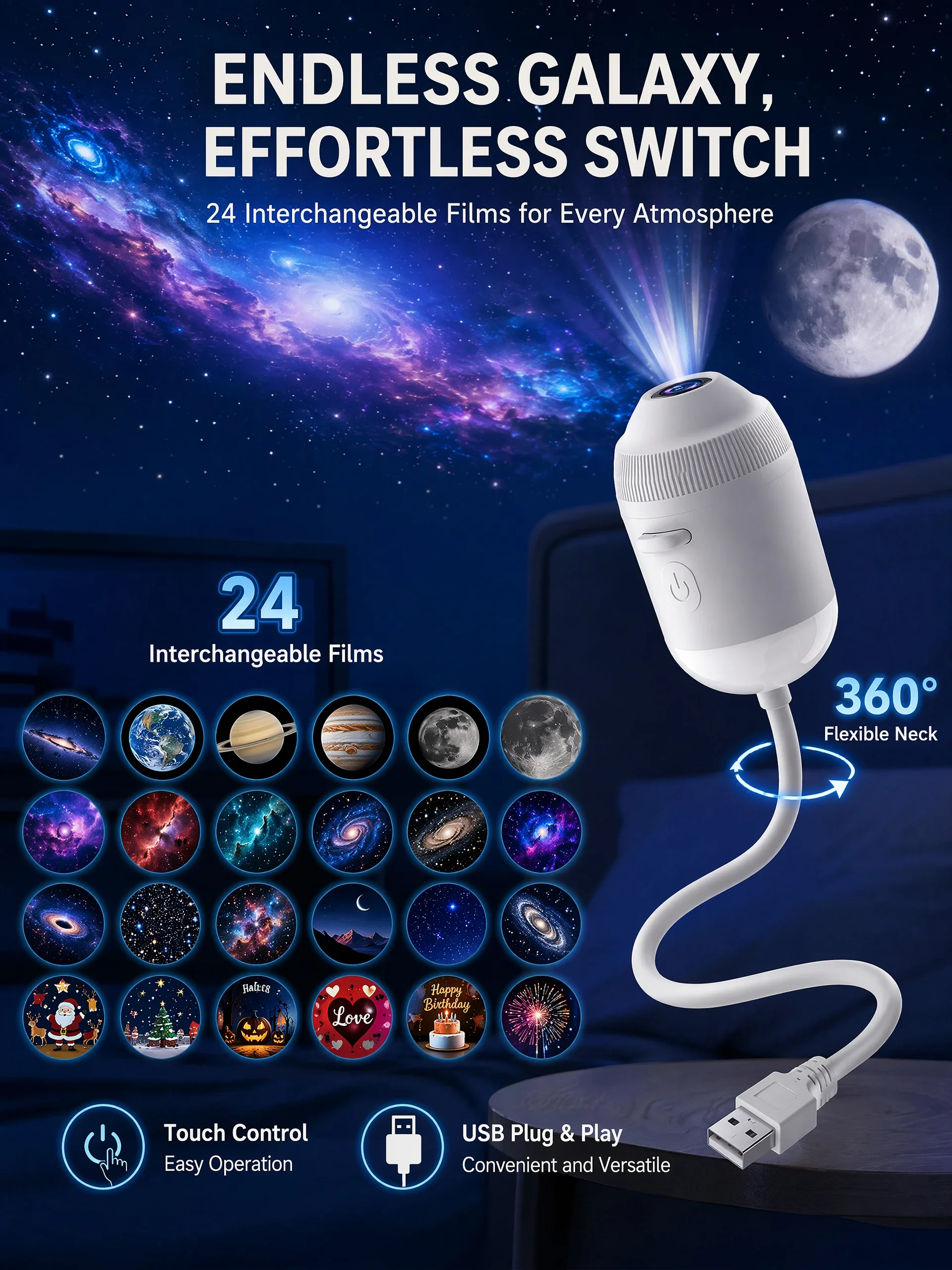 USB-Sternenprojektor-Licht 24-in-1 mit Touch-Steuerung, flexibler Schlauch, Auto-Dach-Galaxie-Nachtlicht für Schlafzimmer, Auto-Atmosphärenlampe – Detail 2
