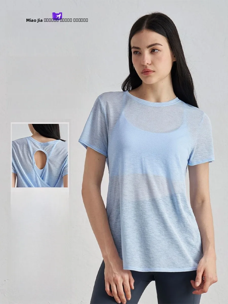 

Breathable Spor Women's T-irt Summer Hollow out Bal Top Qui Dry Fitn ort Sve Thin Bamboo Fiber Yoga Wear