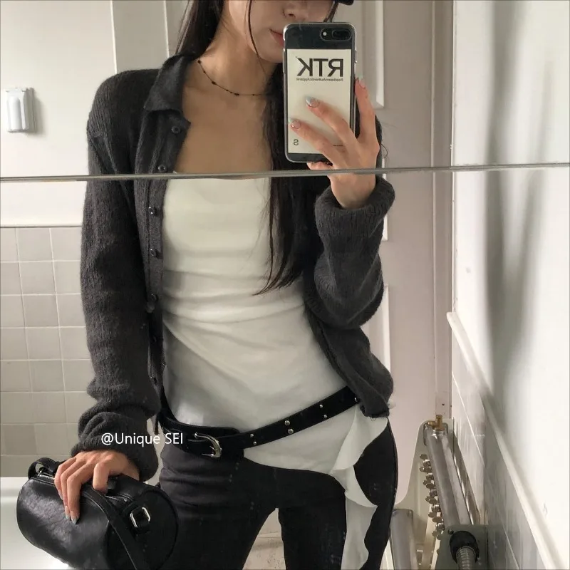 

Turn Down Collar Solid Color All-Match Knitted Long Sleeve Cardigan Women 2025 Autumn New Streetwear Single-breasted Casual Tops