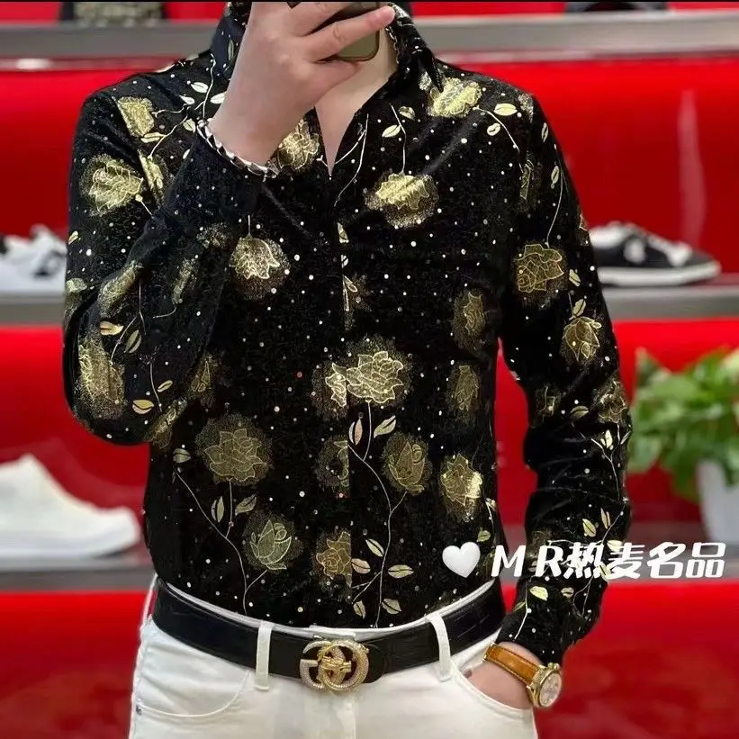 2025 Spring and Autumn New Personalized Gold Rose Print Men Long Sleeve Shirt Cardigan