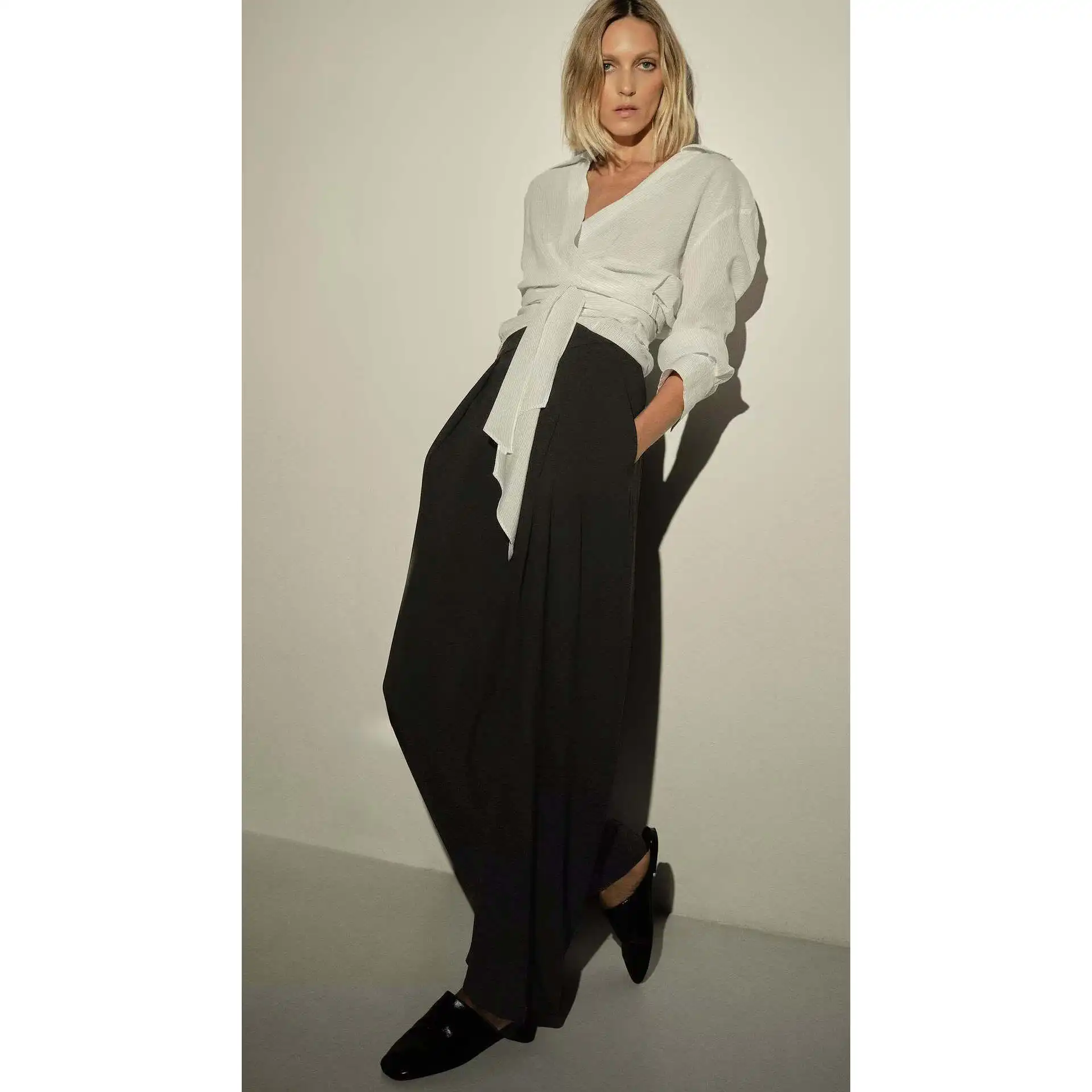 Faionable pantalon ample décontracté pour femme automne hiver nouveauté taille haute fermeture éclair fibre de polyester pantalon à jambes larges droit...