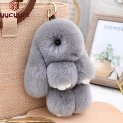 Fluffy Cute Bunny 18CM Real Fur Keychain Rex Rabbit Pom Pom Gift Toy Doll Women Bag Pendant Charm Car Key Keyring Metal ring