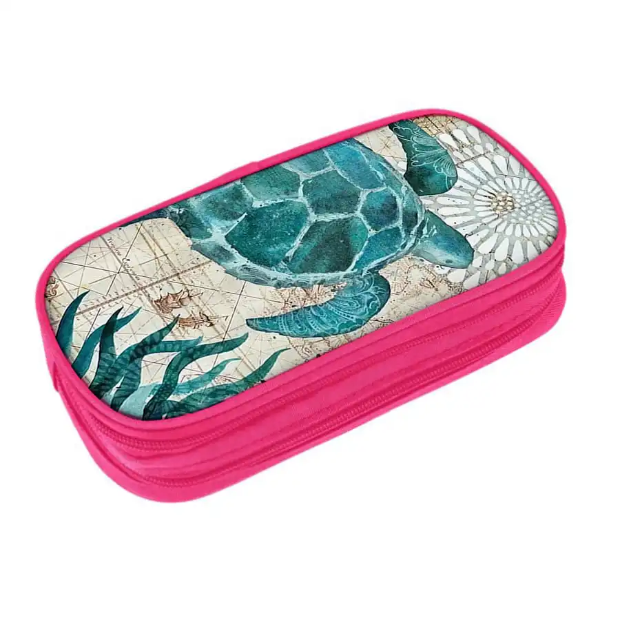 Green Sea Turtle Pattern Multifunctional Double Layered Pen Case For Boy And Girls Best Gift 2D Cartoon Pencil Case For Children