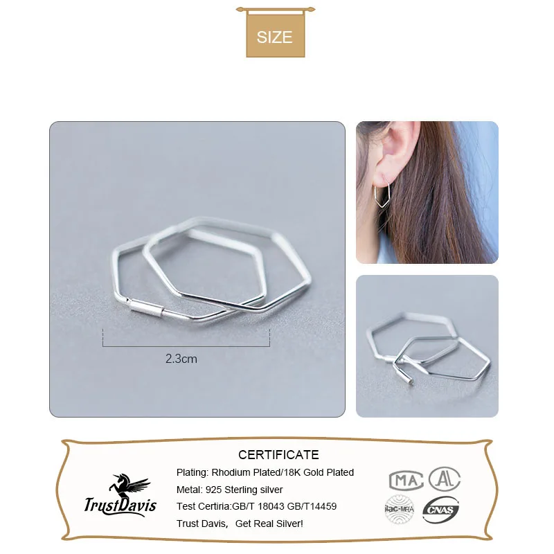 Trustdavis Newest 925 Sterling Silver Women's Jewelry Fashion Cute Hexagon Hoop Earrings For Fine Silver 925 Earring Gift DS133 image 2