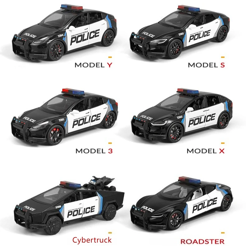 

1:28 Tesla Serie Police Model X Y Model 3 Cybertruck Roadster Police car Alloy model Sound Light Simulation Diecast Car Toy Gift