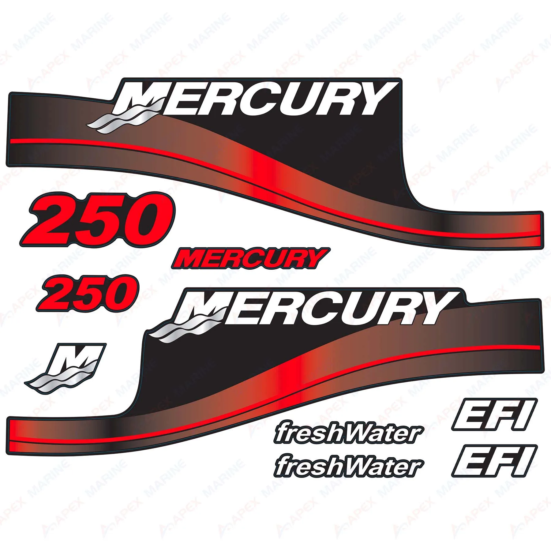 Decals for Mercury 250 HP EFI FreshWater Outboard Engine Red Decal Kit Sticker Set Reproduction 250hp fresh Water EFI