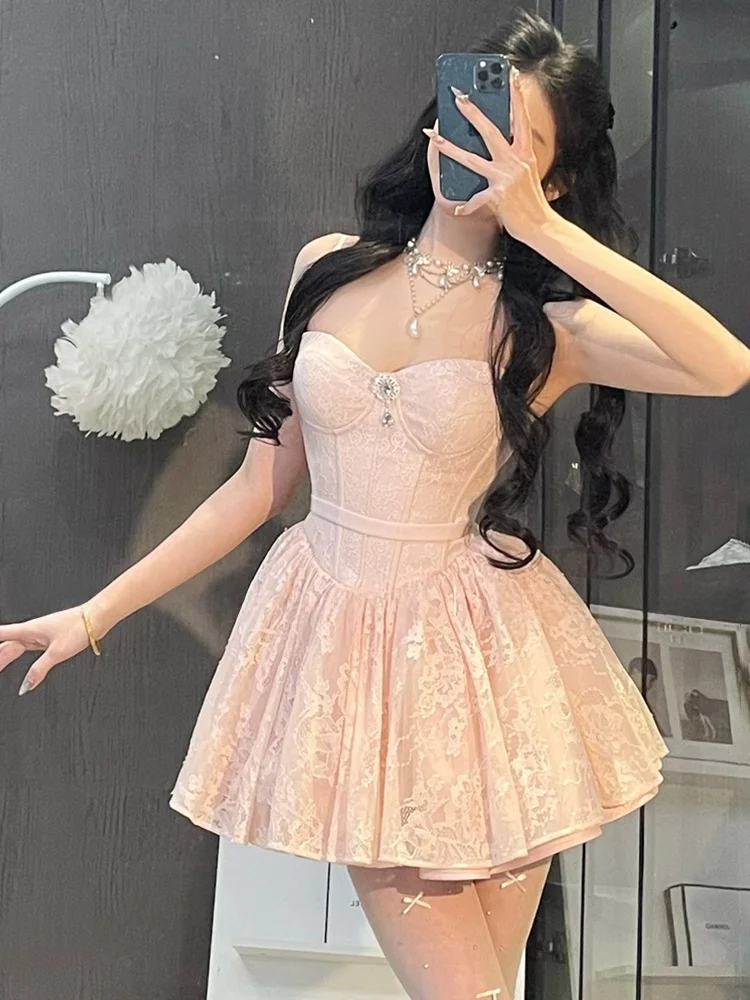 

Princess Style Diamond Embellished Lace Short Dress Women's Spring Summer Pure Desire Belted Puffy Skirt Korean Style