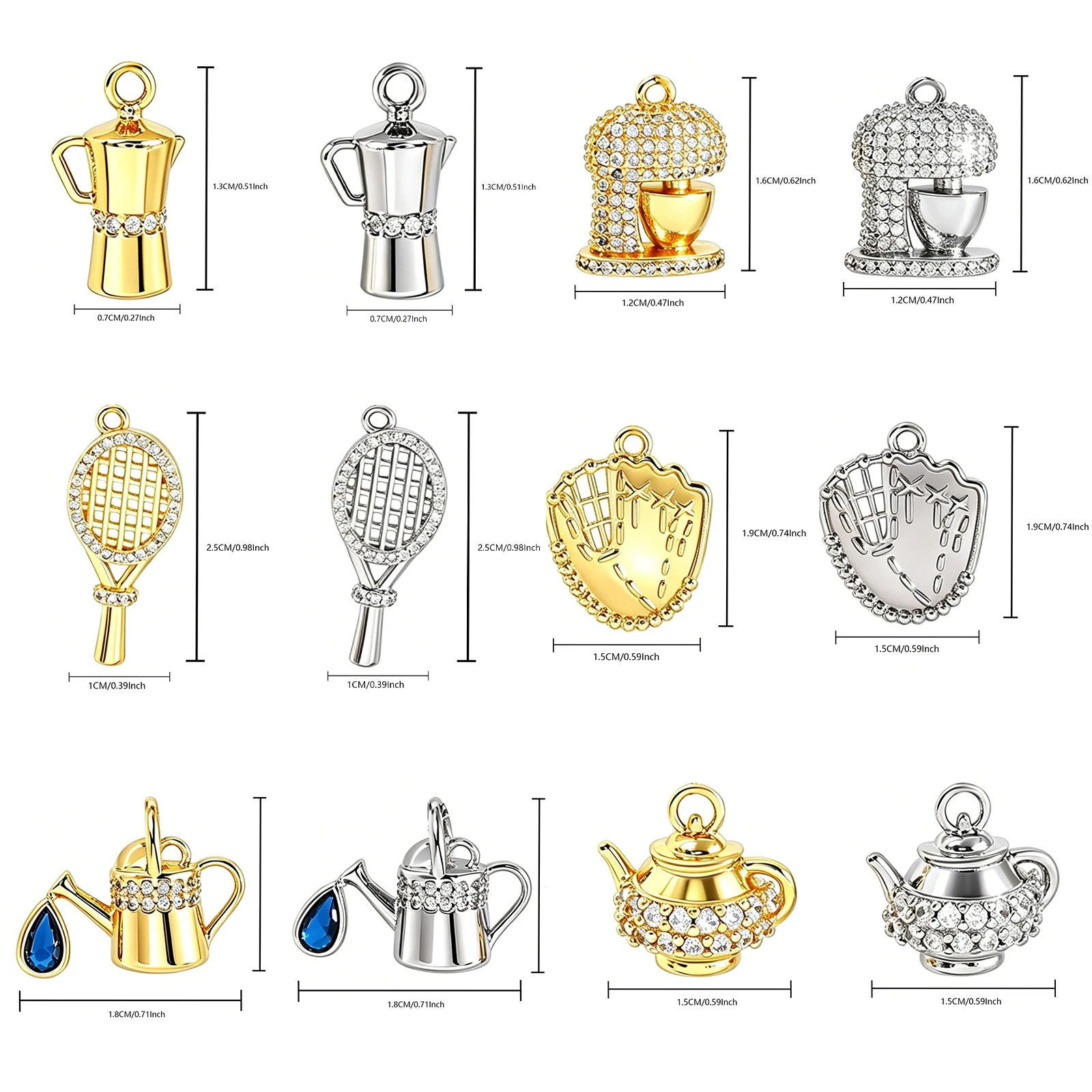 MHS.SUN 5pcs Cubic Zircon Bicycle/Racket/Ice Cream/Baseball Glove Pendant Gold Plated DIY Making Charm Jewelry for Women Men