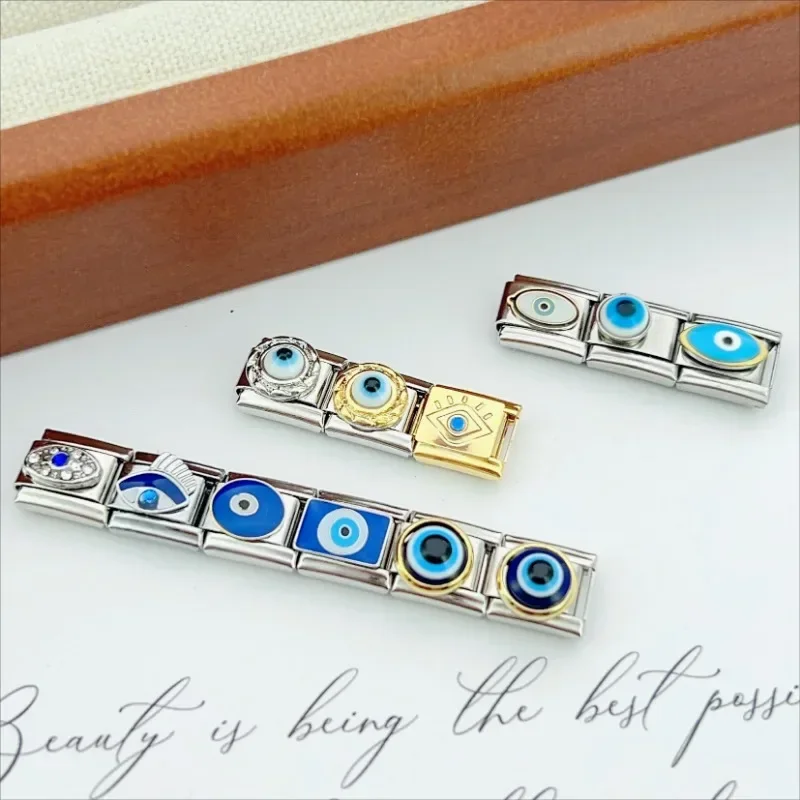 2025 Top Fashion Devil\'s Eye Cream Charm Italian Modular Links Fit 9mm Elastic Bracelet Stainless Steel Jewelry DIY Making