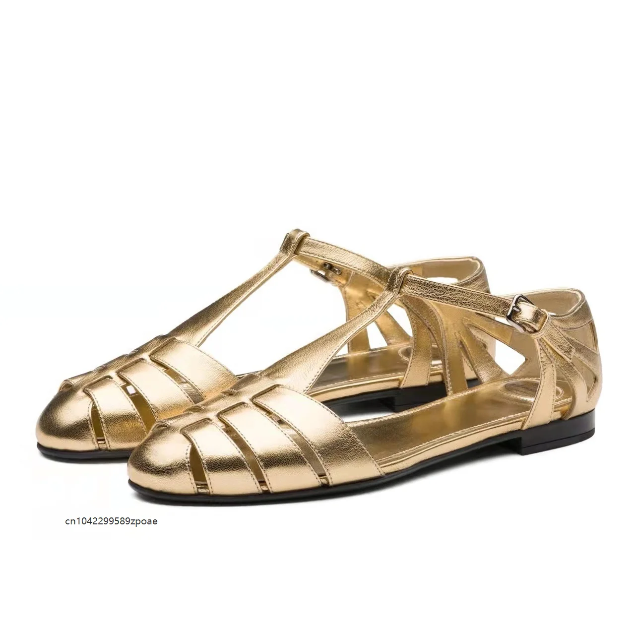 Women Hollow Out T Strap Flat Sandals Closed Toe Woven Fisherman Sandal Adjustable Ankle Buckle Casual Summer Footwear Shoes