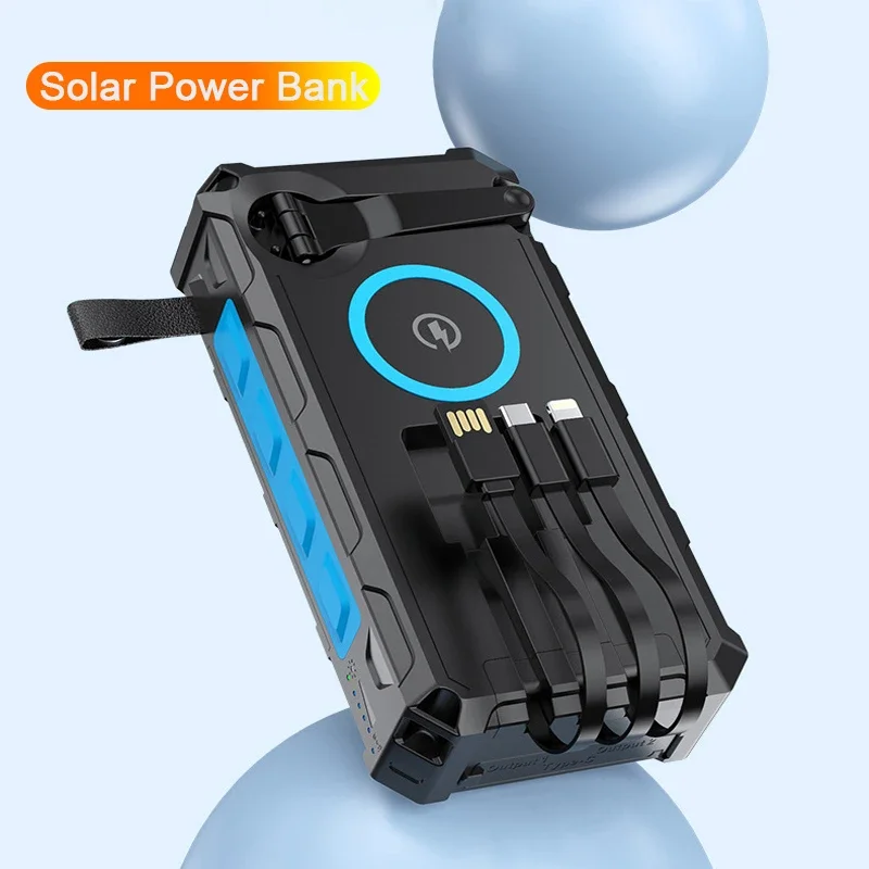 

20000mAh Solar Power Bank Waterproof Wireless Charger Hand Crank & LED Light Built-in Cables for iPhone 15 Samsung Huawei Xiaomi