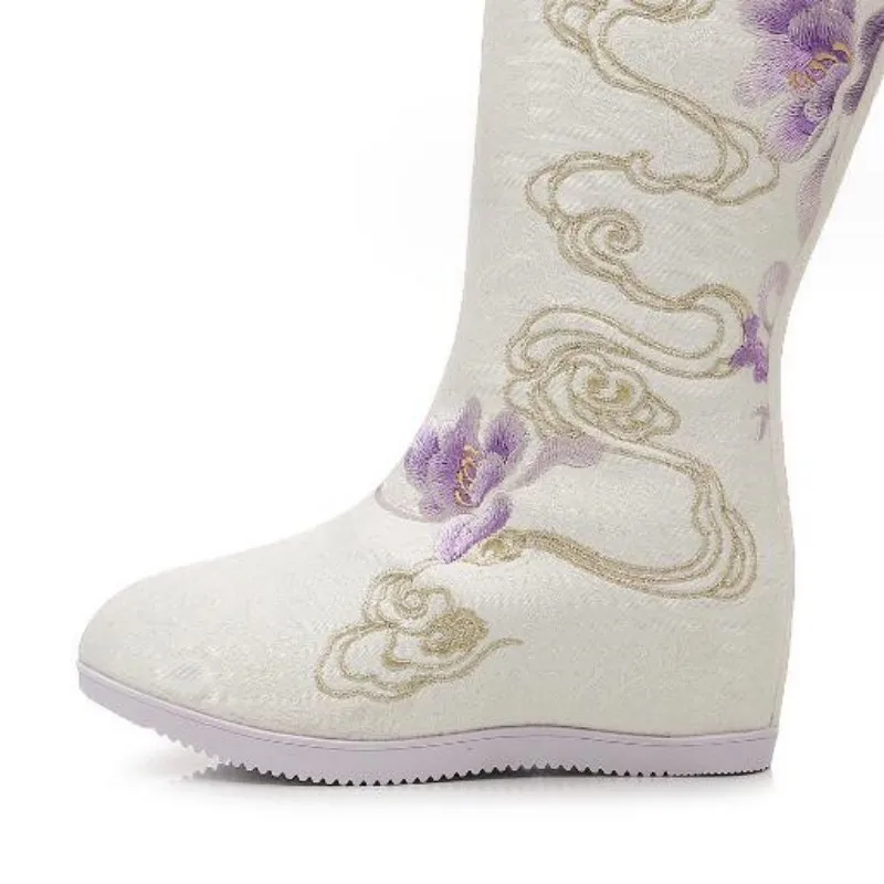 Women Round Toe Embroidered Winter Long Boots Chinese Ethnic Style Side Zip Mid-Calf Booties Ladies Autumn Spring Fashion Boot