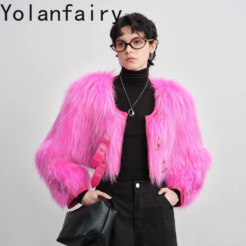 YOLANFAIRY 가을 겨울 수입 여우털 직조 리얼 퍼 코트 라운드넥 긴팔 숏 퍼 재킷 여성용 2025