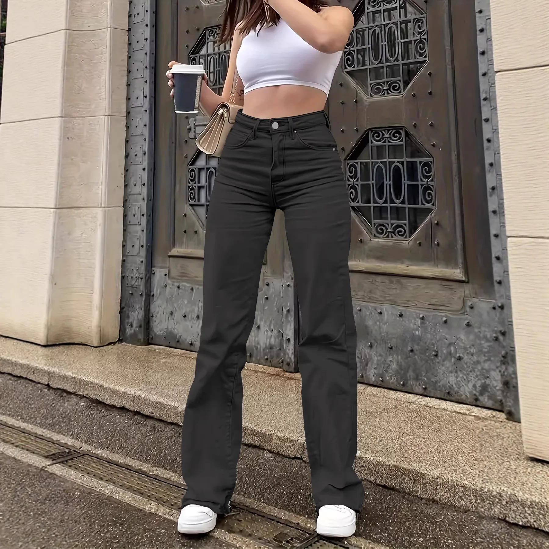 Women's Solid Color Simple Daily Elegant Narrow Straight Pants Slimming Retro Women's Casual White High Waist Straight Jeans