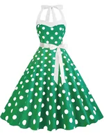 Women Summer Party Dress With Belt Polka Dot Print Halter Hepburn Robe 50s 60s Vintage Dresses - Image 6