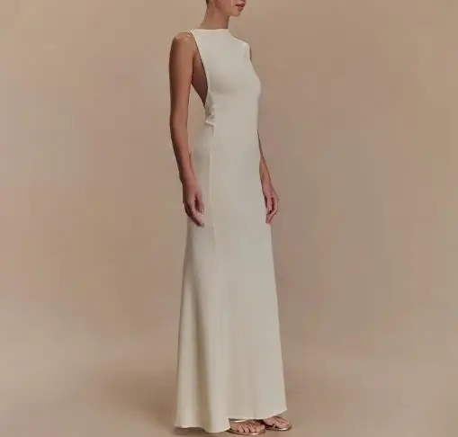 Verão feminino elegante, elegante, de alta qualidade textura sem costas cintura pacote hip vestido cor sólida inclinação pescoço vestido de emagrecimento