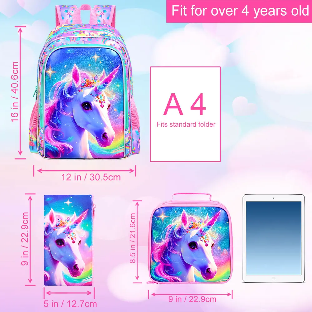 

3PCS Backpacks for Girls, 16" Kids Unicorn Elementary Backpack with lunch box, Water Resistant Prechool Bookbag for Girl