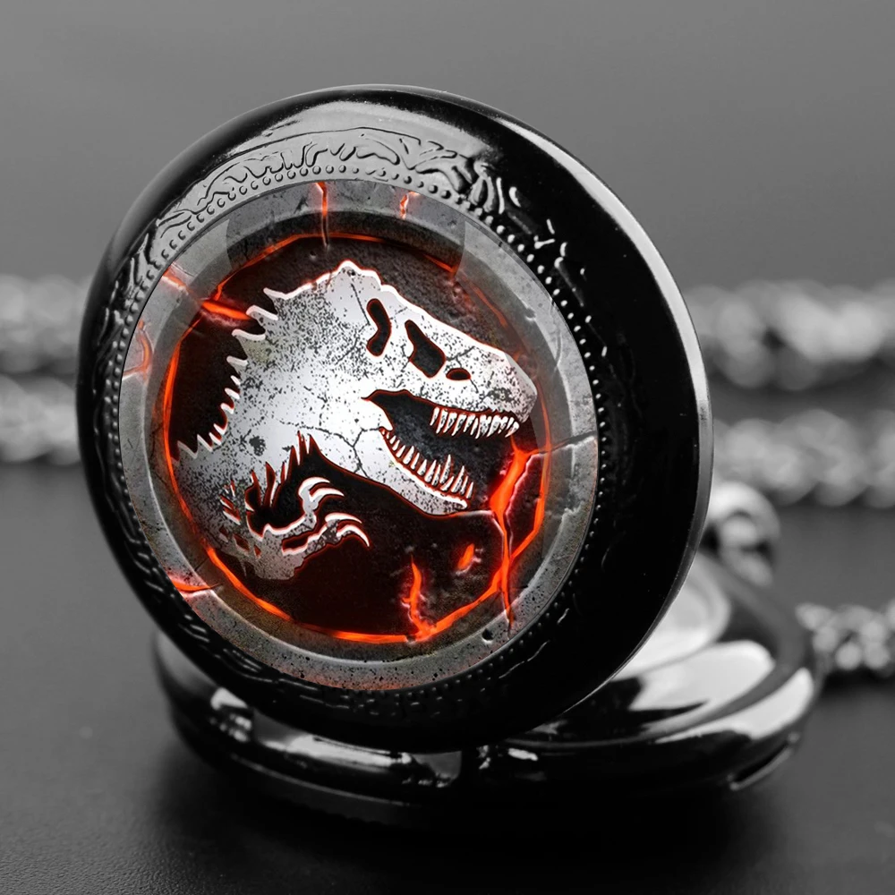 Dinosaur Glass Dome Quartz Pocket Watch With Durable Chain Arabic Numeral Dial Halloween Gifts for Men Women Kids