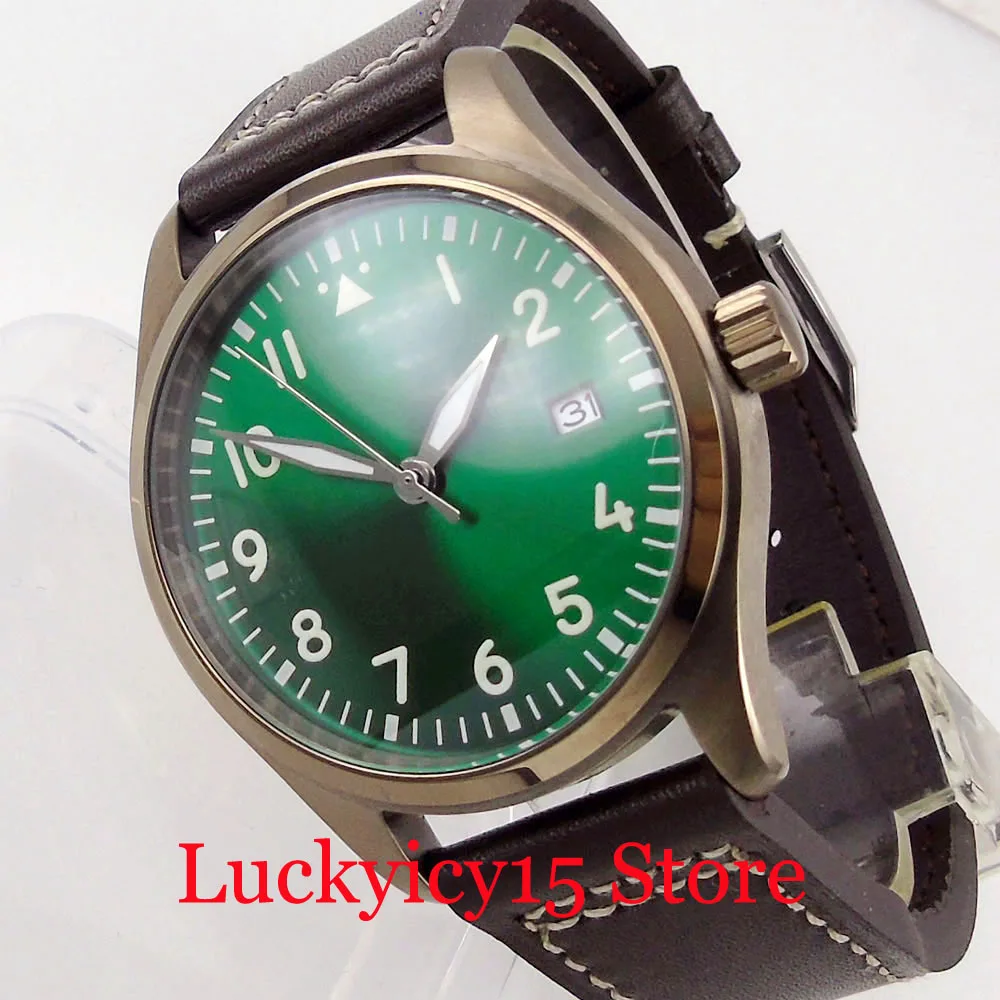 

Corgeut 40MM Green/Blue/Black Dial With Date Display NH35A Automatic Movement Steel Mechanical Men Watch Luminous Leather Strap