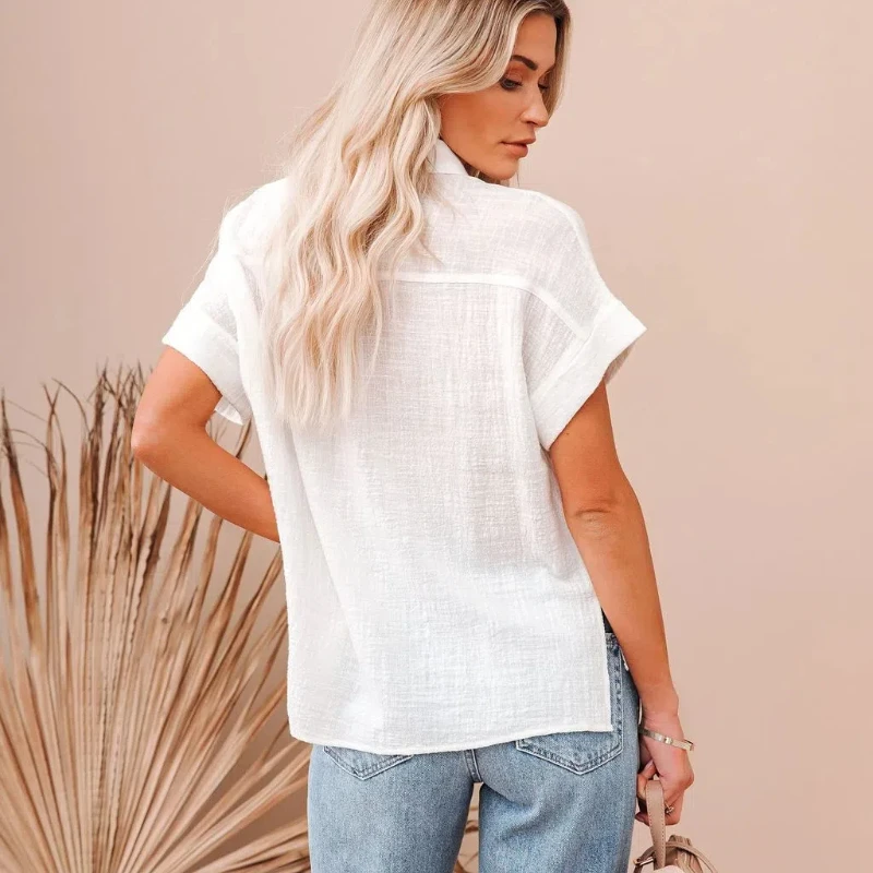 스타일리시한 단색 포켓 라펠 여성 반팔 셔츠 우아한 루즈핏 레이스업 가디건 싱글 브레스티드 캐주얼 블라우스