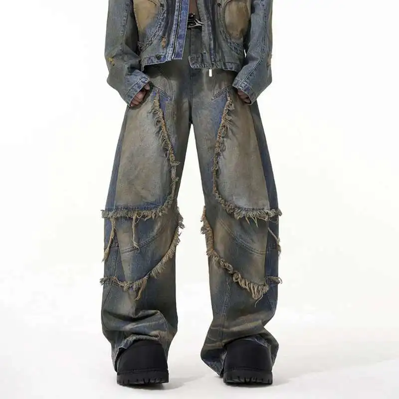 HKSH Spring New Men's Tide Punk American Style Distressed Soil Denim Pants Spliced Chic Patchwork Baggy Jeans Heavy Retro HK4477