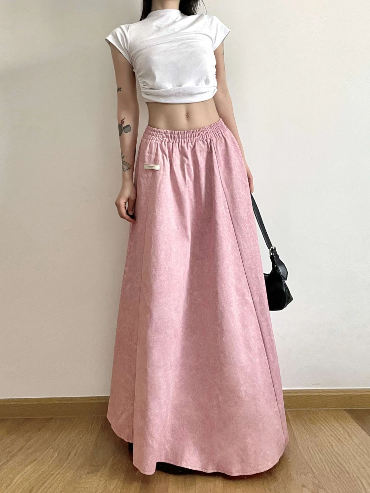 Korobov French Temperament Pink Half Skirt Elastic Waist Casual A-line Skirt Niche Y2k Long Skirt Summer Vintage Fashion Faldas