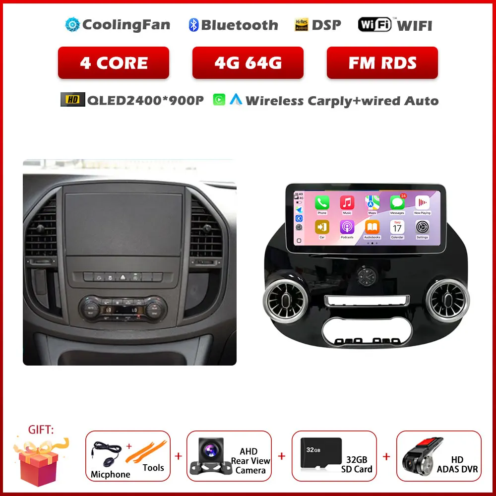 12,3 inch Android 15 autoradio voor Benz Vito W447 2014-2021 stereo-ontvanger GPS-navigatie DSP video Carplay-speler GEEN 2DIN DVD