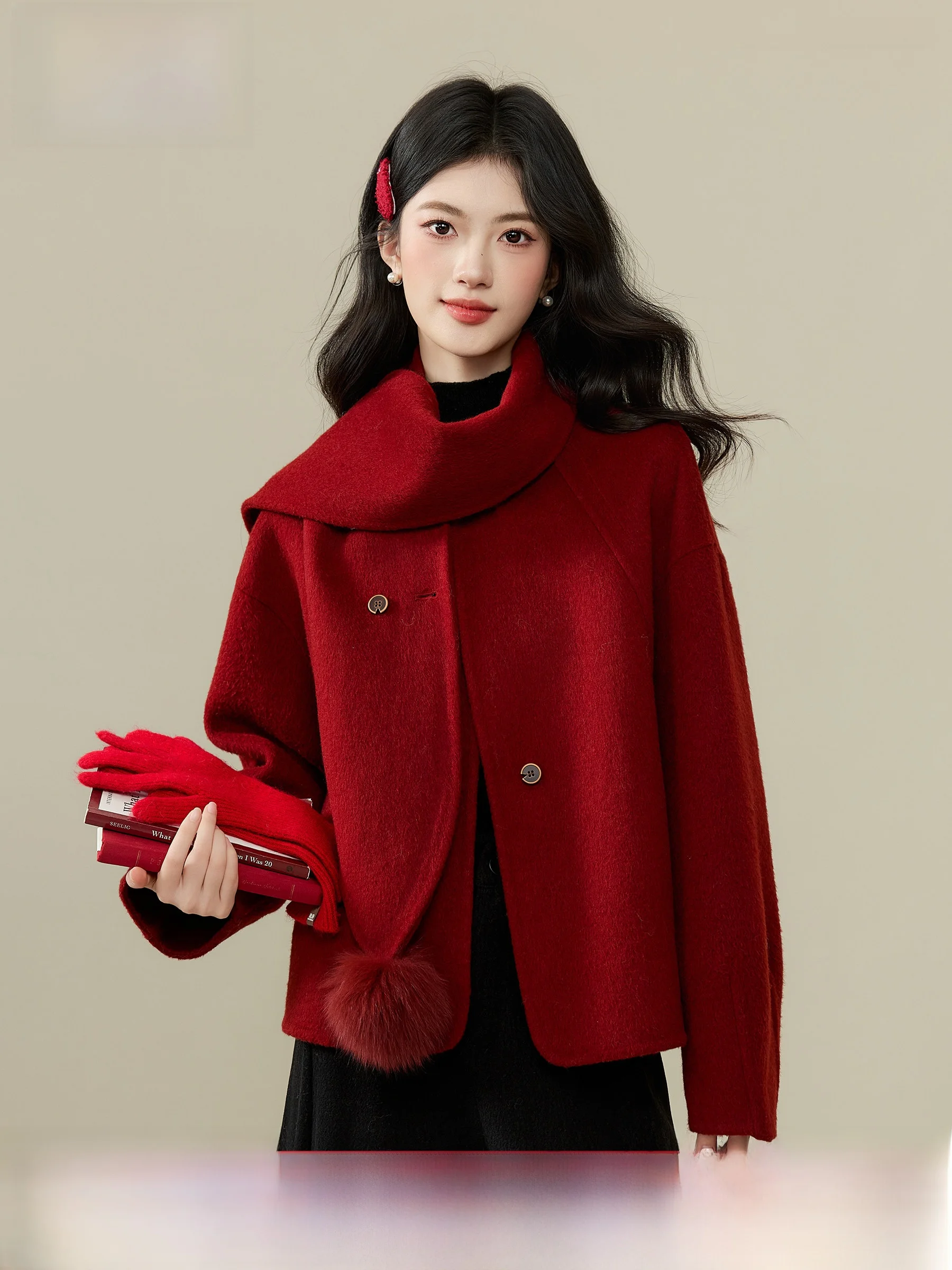 

Двусторонний шерстяной шарф с меховыми помпонами, длинное пальто-свитер от Lingjiu, теплое и стильное для женщин