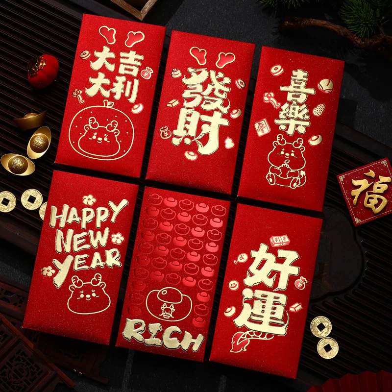 6pcs 2024 das Jahr des Drachen chinesische Art rotes Paket niedlichen Tierkreis Drachen muster rote Umschläge Glück Geld Tasche Neujahr liefert