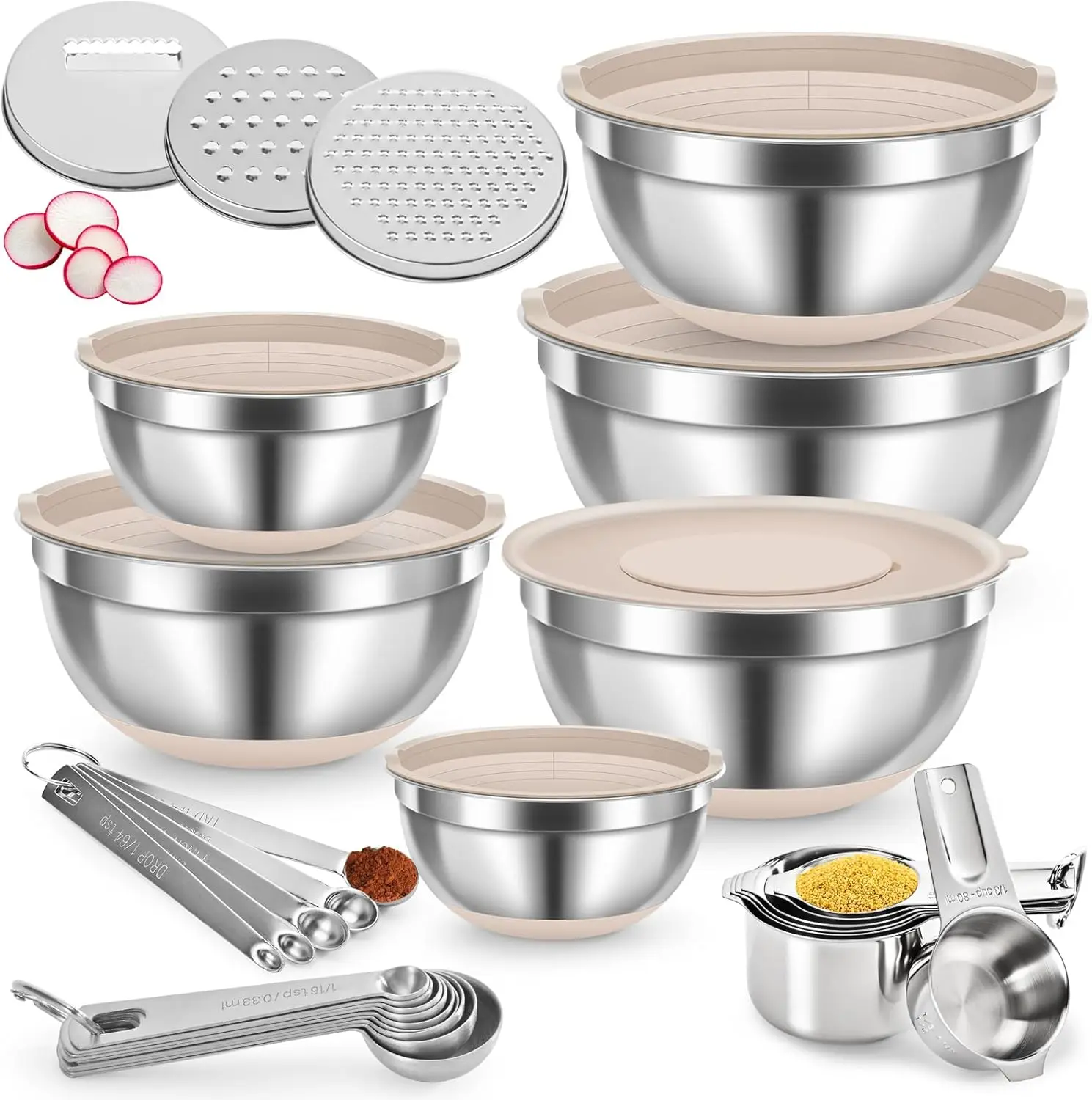 

30PCS Mixing Bowls with Lids Set, 7QT to 1QT Stainless Steel Nesting Bowls with Graters, Non-Slip Silicone Bottom, Large