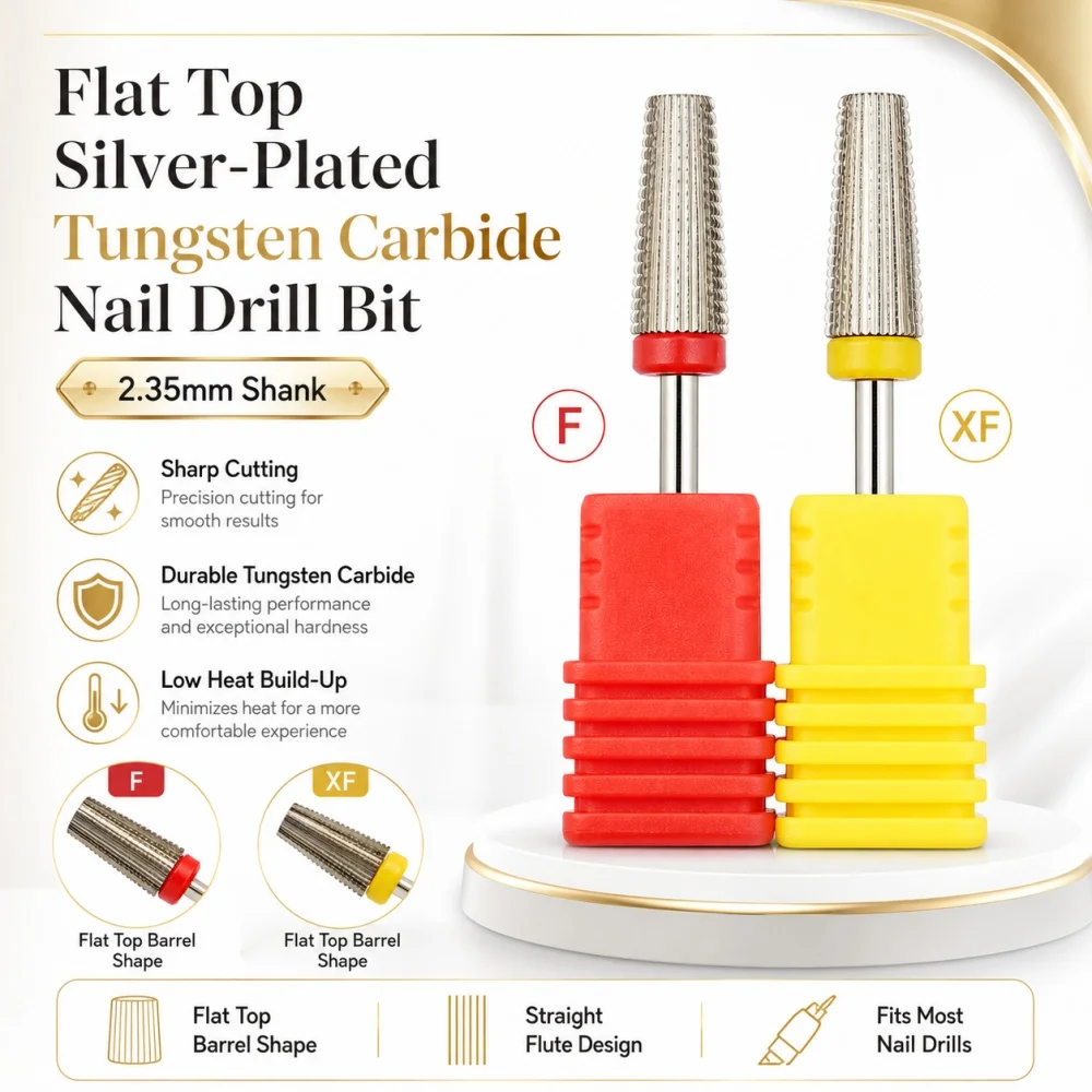 Small Flat Top 5-in-1 Tungsten Carbide Nail Drill Bit – Dual Direction for Left & Right Hand Use, Silver-Plated, Professional Ma