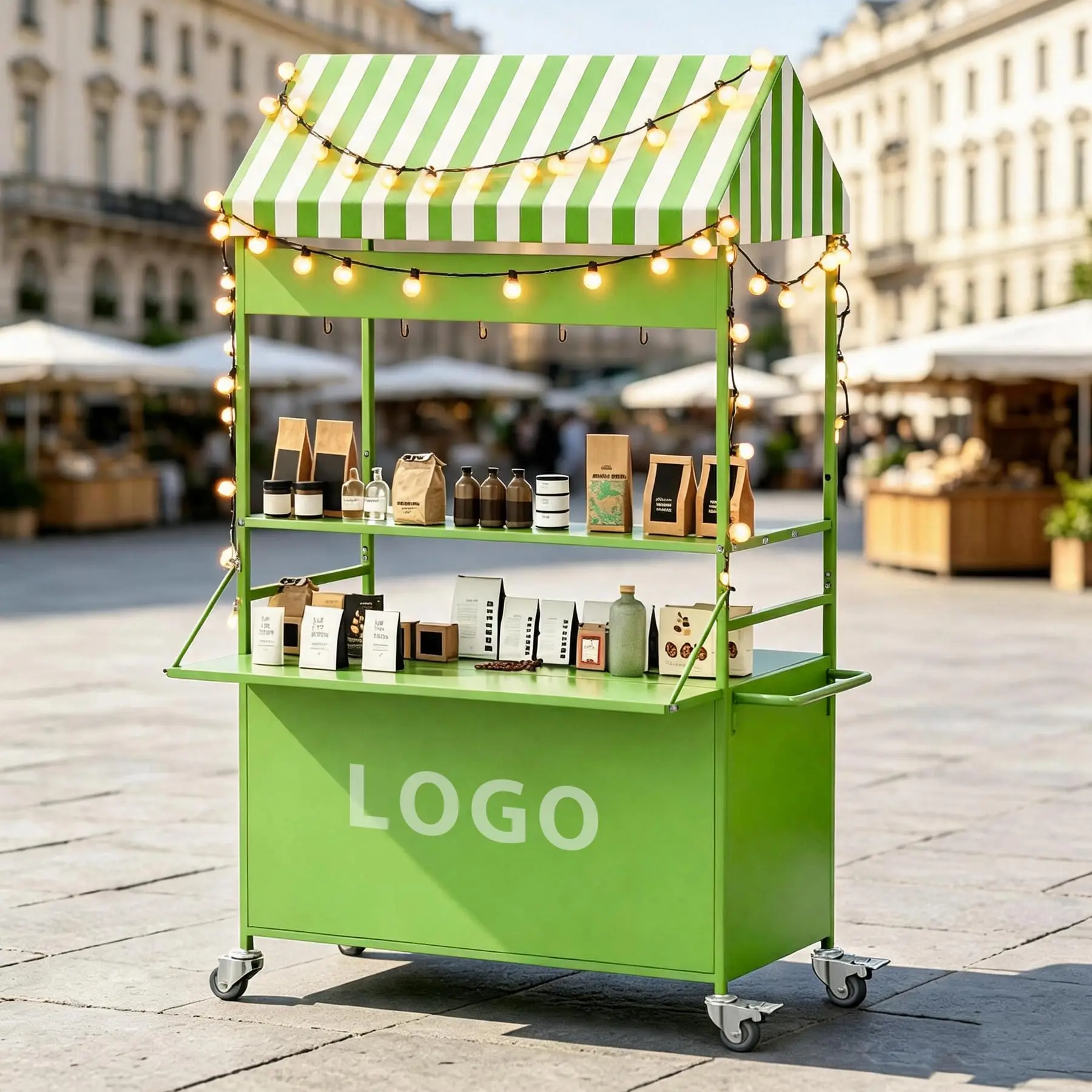 Portable Vendor Cart with Canopy & Wheels, 2-Tier Metal Farmers Market Stand, Mobile Food Carts for Sale, Portable