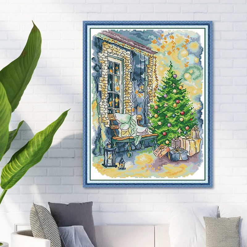 

Joy Sunday Pre-printed Cross Stitch Kit Easy Pattern Aida Stamped Fabric Embroidery Set-Christmas Tree In Front of The Window
