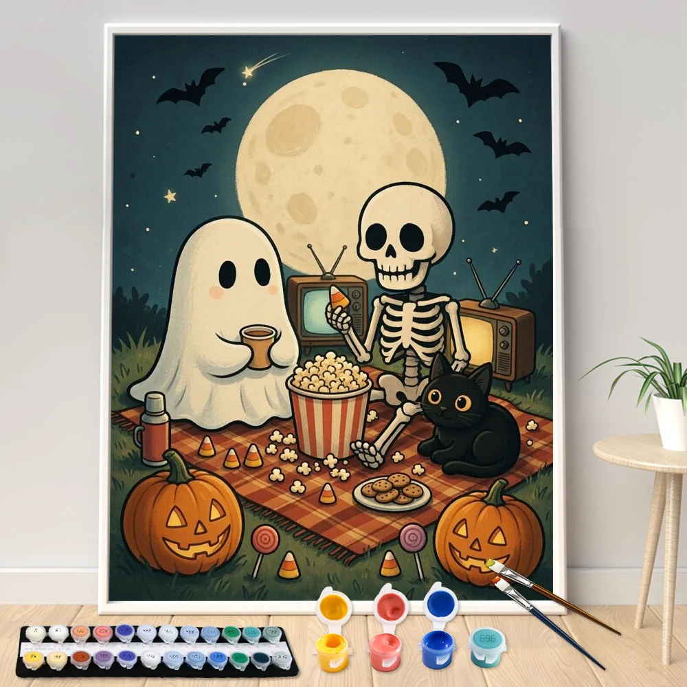 Digital Acrylic Painting Kit DIY Halloween Moon Picnic Scene Art Canvas Hand Painted Home Decor Personalized Surprise Gift