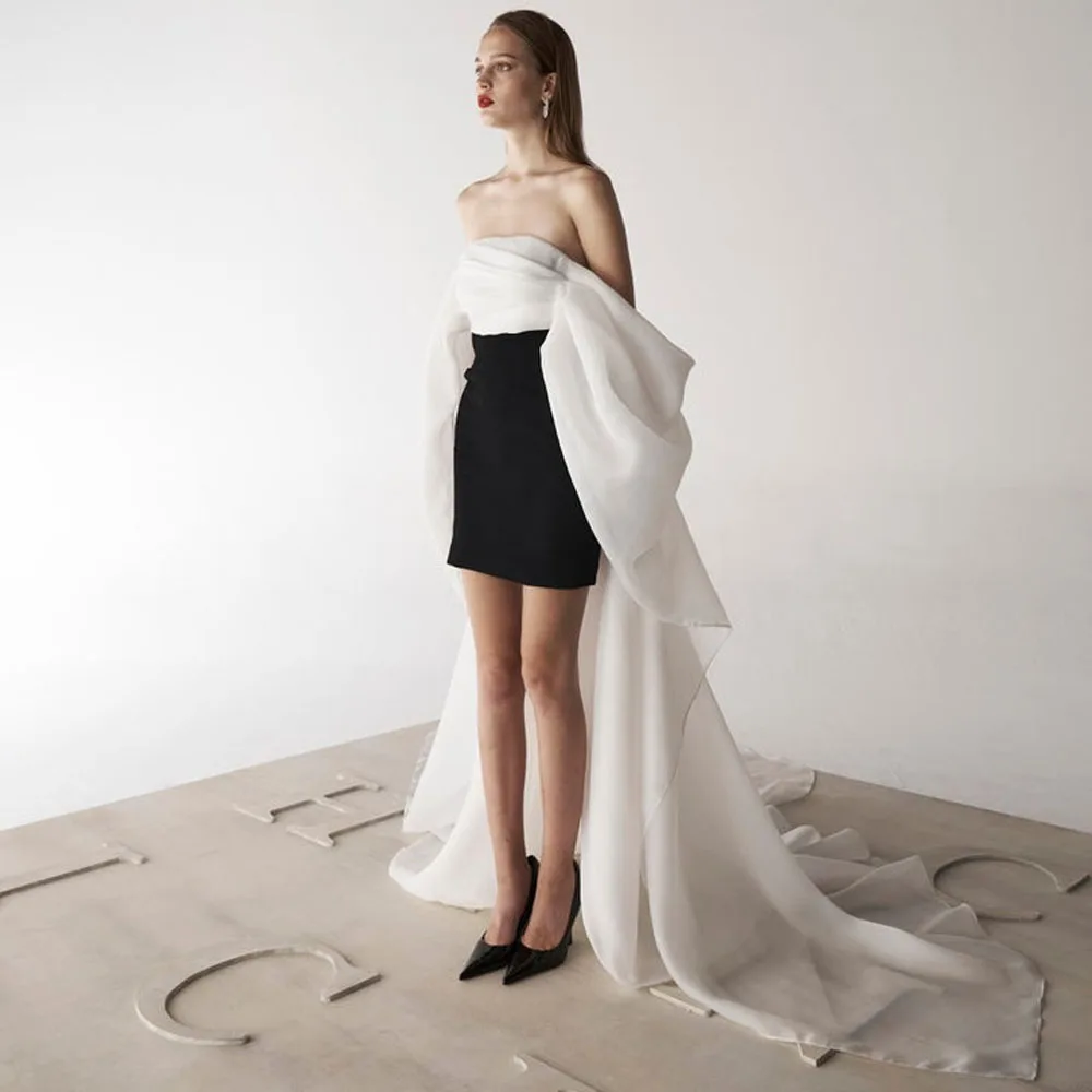 

Chic Black And White Short Women Dresses With Cape Sleeves Newest Strapless Stretchy Formal Party Dress Maxi Gowns