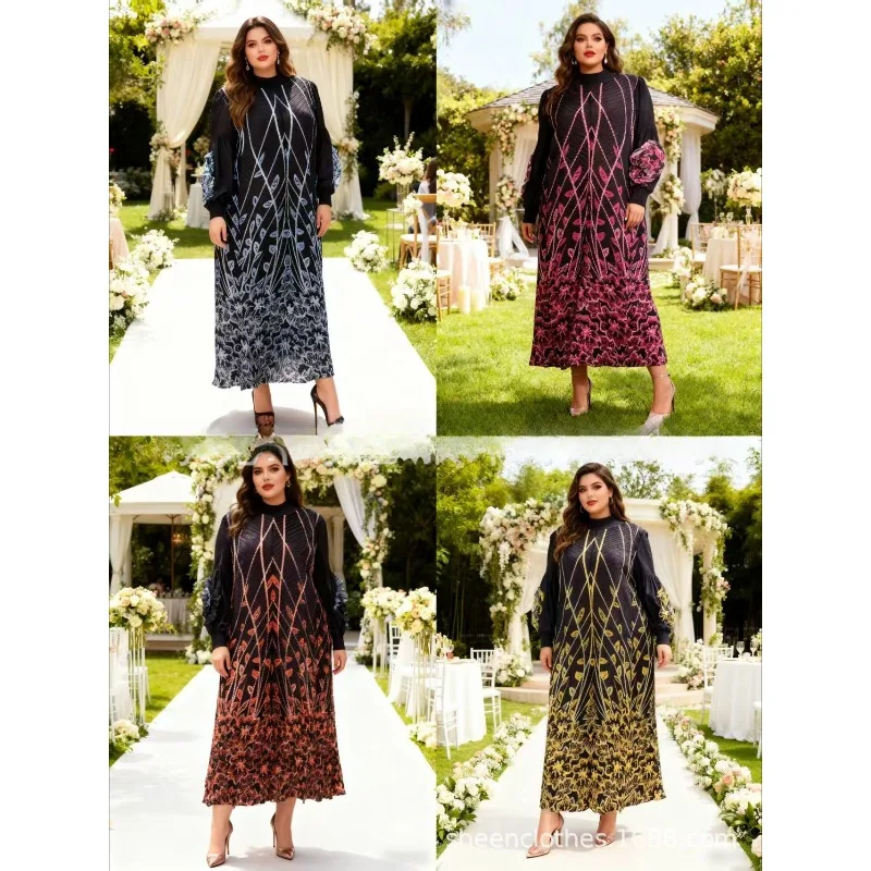 

Miyake Pleated 2025 Autumn New Pleated Fashion Printed Flower Long Sleeve Middle East Long Dresses Women's Plus Size Across