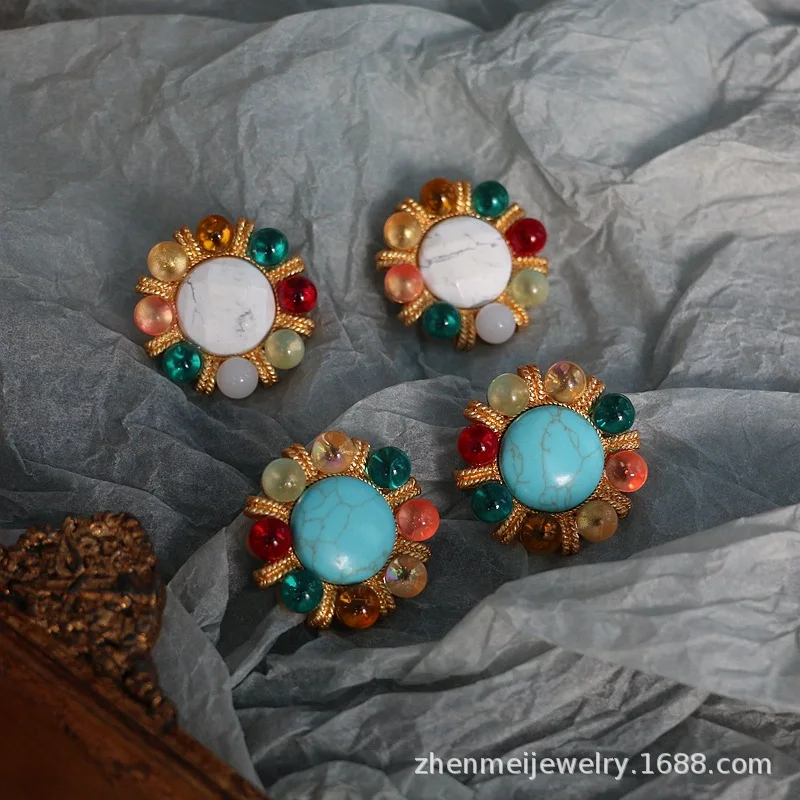 

Vintage Medieval Earrings Natural Stone Crystal Glass Earclips