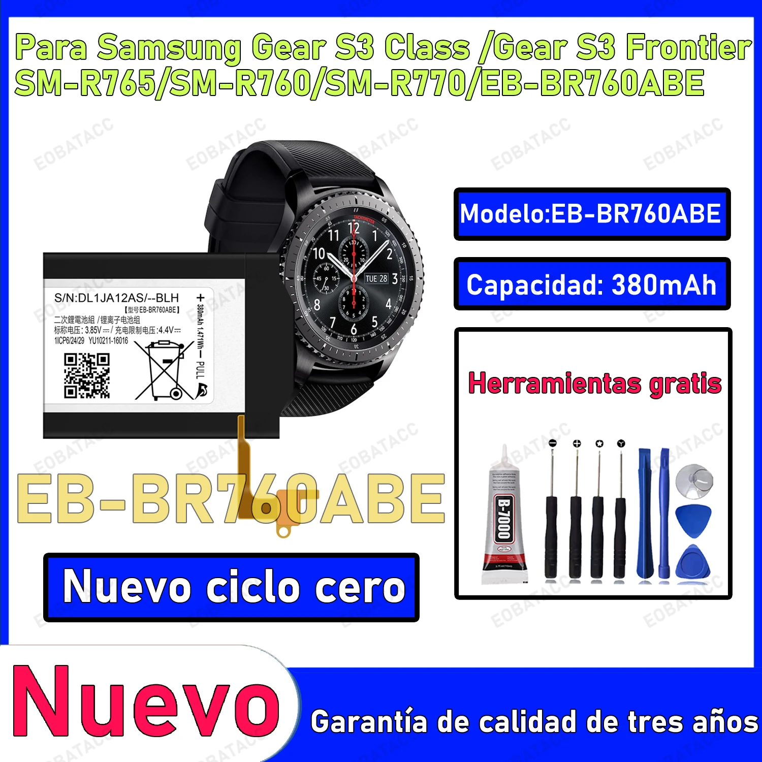 

100% New Zero Cycle EB-BR760ABE Battery For Samsung Gear S3 Classic/Watch S3 Gear Smart Watch Bateria +Free Tools