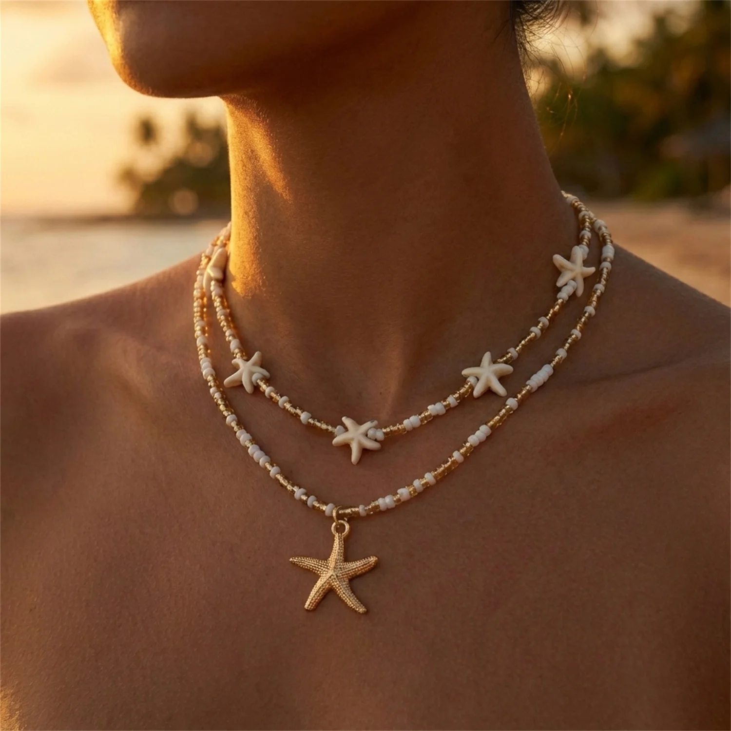 Colar Delicado com Pingente de Concha, Estrela-do-mar e Contas de Arroz para Mulheres, Estilo Boho, Corrente de Clavícula em Camadas com Estrela-do-mar, Joia para Festa na Praia, Presente