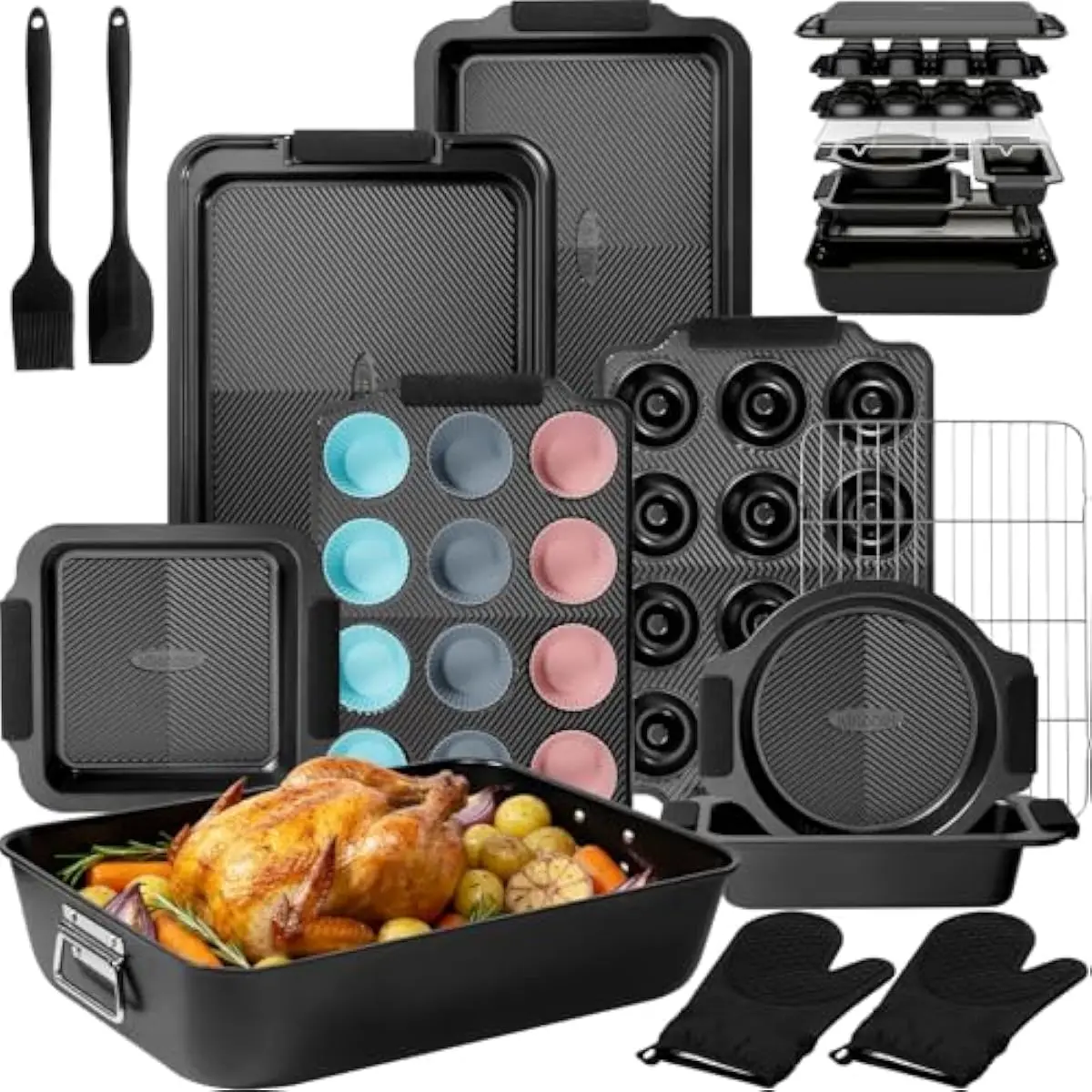 25-Piece Ceramic-Coated Carbon Steel Bakeware Set Featuring Roasting Pan Cookie Sheet Muffin Tray Doughnut Mold Cake Pans Loaf T