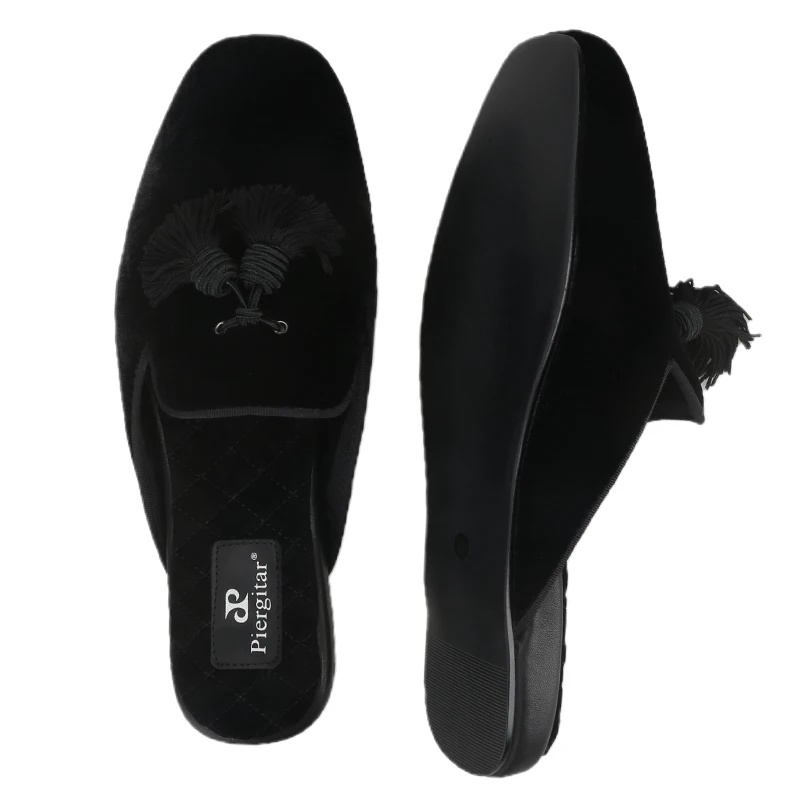 Piergitar Black Velvet With Handmade Tassels Slides For Fashion Show And Ourdoor Rubber Flat Men's Mule Slippers Quilt Padding