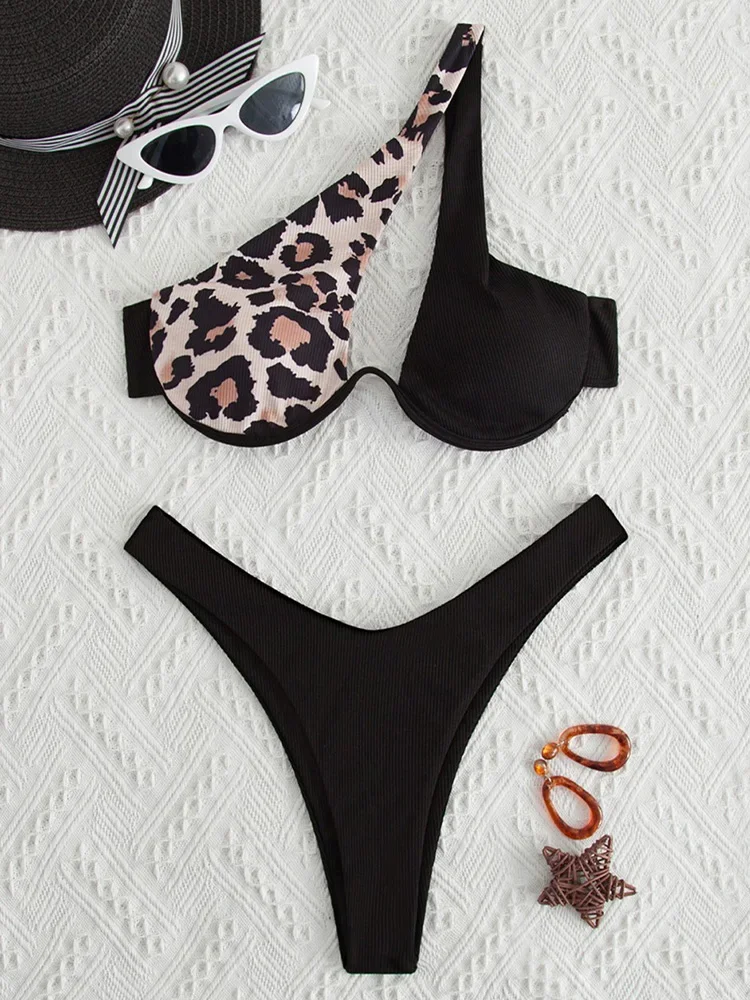 Sexy Leopard One Shoulder Bikinis 2 Piece Set Women Swimsuit High Waist Backless Beach Split Bikinis 2024 New Summer Bikinis Set