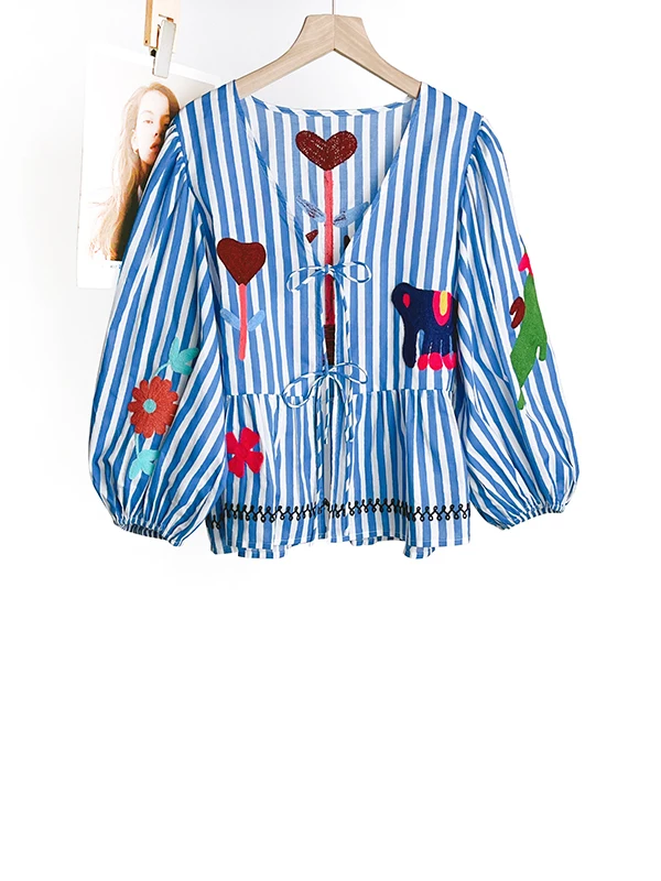Nordic verão artístico azul listrado bonito animal flor retalhos v-ne com cinto irt f saia conjunto feminino faion conjunto