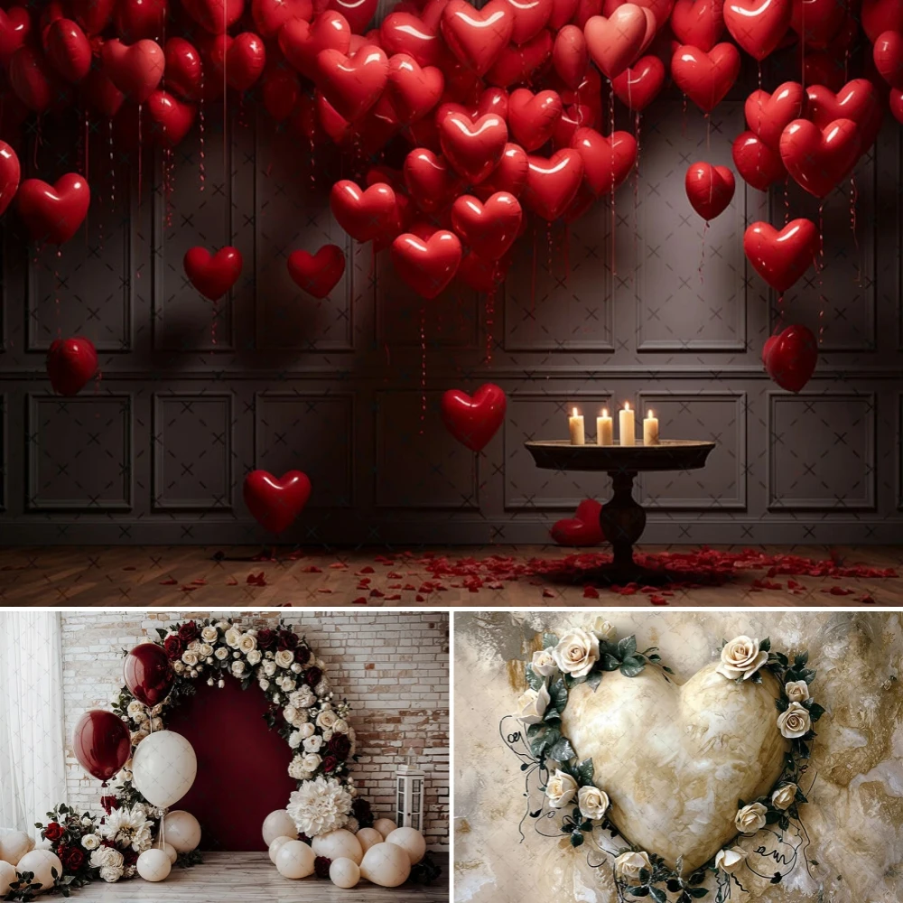 

Valentine's Day Backdrop Photo Romantic Heart Balloons Wedding Birthday Party Decor Portrait Photography Background Props