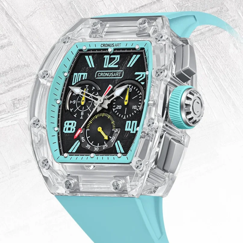 

Мужские часы-хронограф CRONUSART 50 мм, механические наручные часы Tonneau с сапфировым корпусом и стеклом, светящийся циферблат, ремешок FKM, циферблат из метеорита