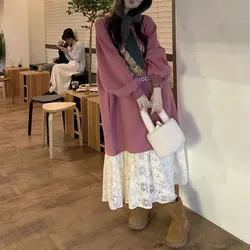 Vintage Cartoon Printed Dresses Female Clothing Korean Loose Spring Autumn New O-Neck Stylish Lace Patchwork Straight Midi Dress